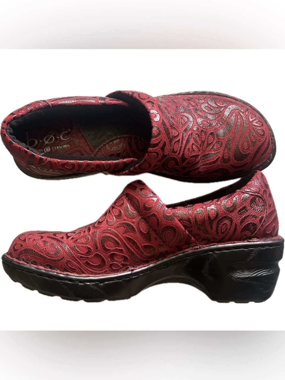 🆕 B.O.C. Born Concept Sz 6 Peggy Paisley Embossed Red Leather Comfort Clogs